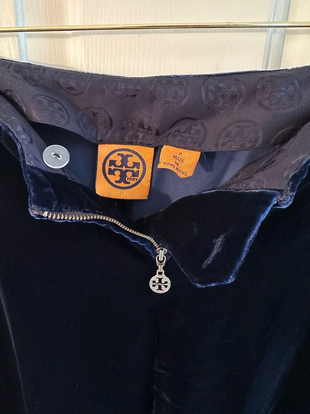 TORY BURCH 2 Vntg Hong Kong Y2K Navy Velvet Embellished Tunic Wide Leg Pants Set
